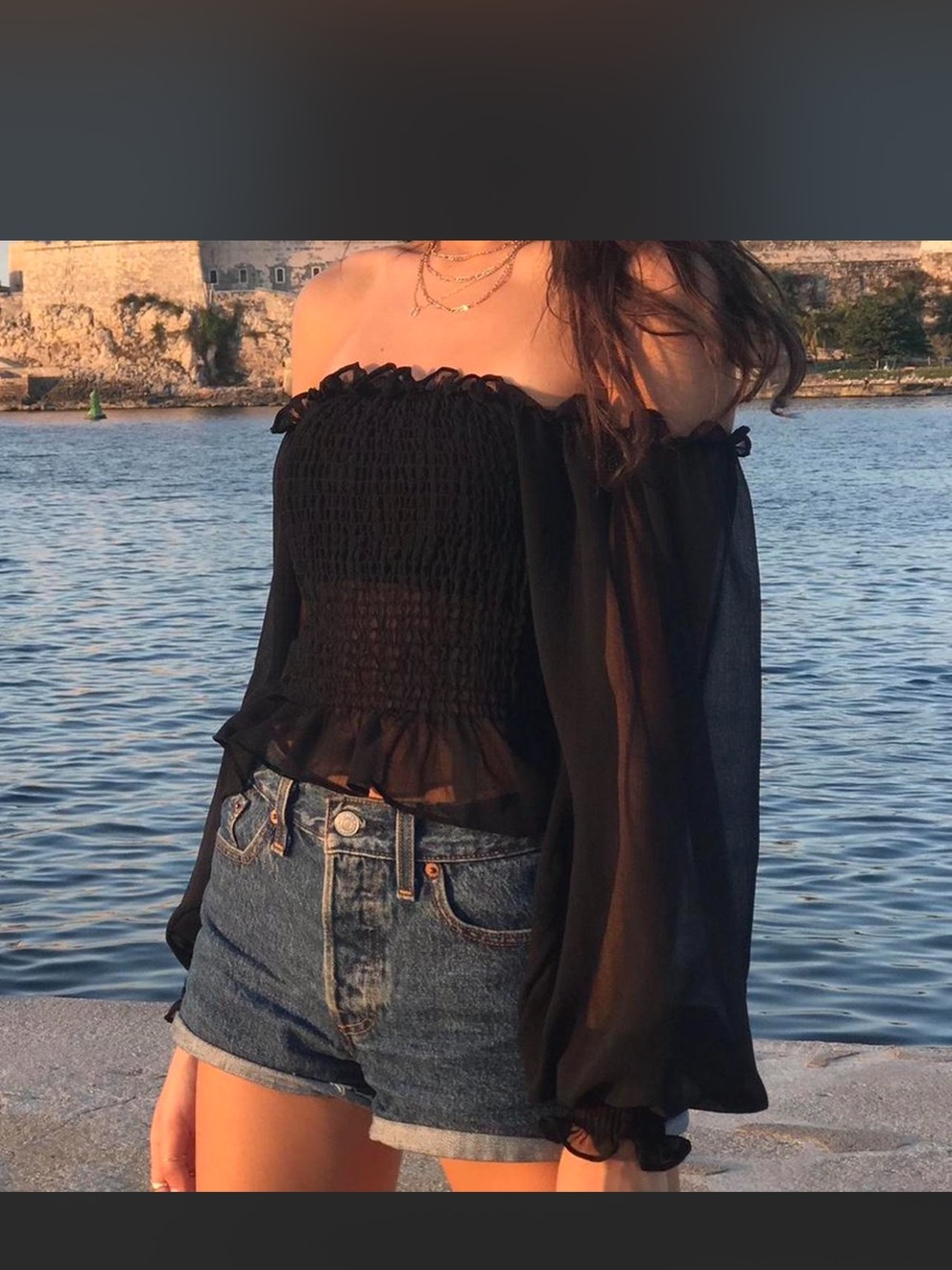 Sheer Off-Shoulder Black Smocked Peasant Top